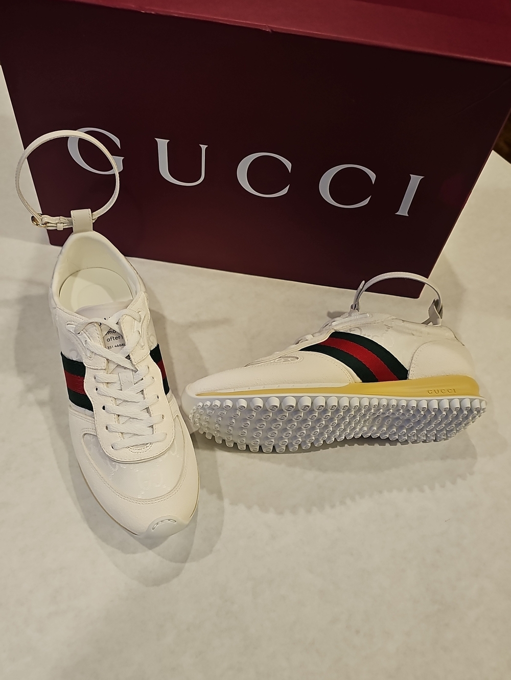 Gucci White Leather Sneakers with Green and Red Web Stripe and Yellow Heel - Picture 1 of 7